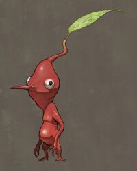 Rule 34 | black eyes, bulging eyes, colored skin, creature, full body, grey background, highres, leaf, long nose, nao70shark1, nintendo, no humans, pikmin (creature), pikmin (series), plant, pointy nose, red pikmin, red skin, simple background, solid circle eyes, solo