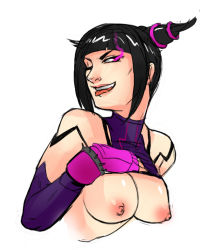 Rule 34 | 1girl, black hair, bracelet, breasts, clothes lift, detached sleeves, fingerless gloves, gloves, glowing, glowing eye, greenmarine, han juri, jewelry, lips, naughty face, nipples, nose, one eye closed, purple eyes, shirt lift, short twintails, spiked bracelet, spikes, street fighter, street fighter iv (series), tongue, tongue out, twintails, wink