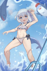 Rule 34 | 1girl, :d, absolute mya, absurdres, armpits, backlighting, bloop (gawr gura), blue eyes, blunt bangs, blurry, cloud, cloudy sky, collarbone, commentary request, depth of field, fins, fish tail, gawr gura, hair ornament, highres, hololive, hololive english, looking at viewer, medium hair, multicolored hair, navel, ocean, open mouth, polearm, shark, shark hair ornament, shark tail, sidelocks, sky, sleeveless, smile, stomach, streaked hair, sun, sunlight, tail, trident, two-tone hair, virtual youtuber, weapon, white hair