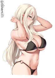 Rule 34 | 1girl, bikini, black bikini, blonde hair, blush, breasts, cowboy shot, cropped legs, ebifurya, groin, highres, kantai collection, large breasts, long hair, looking at viewer, mole, mole on breast, mole on stomach, navel, o-ring, o-ring bikini, one-hour drawing challenge, parted lips, richelieu (kancolle), simple background, solo, swimsuit, twitter username, white background, yellow eyes