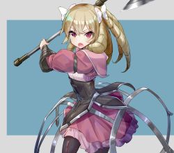 Rule 34 | 1girl, axe, blonde hair, blue background, bow, corset, cowboy shot, dress, drill hair, fire emblem, fire emblem awakening, grey background, hair bow, looking at viewer, maribelle (fire emblem), nintendo, open mouth, red eyes, short hair, simple background, solo, tenrai, two-tone background