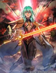 Rule 34 | 1girl, armor, breasts, byleth (female) (fire emblem), byleth (fire emblem), cape, center opening, company name, copyright name, fire emblem, fire emblem: three houses, fire emblem cipher, green eyes, green hair, holding, holding sword, holding weapon, medium hair, nij 24, nintendo, official art, pantyhose, shoulder armor, solo, sword, thigh strap, underboob, weapon