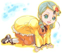 Rule 34 | 00s, 1girl, :d, all fours, dress, drill hair, frills, full body, green eyes, green hair, hair ornament, heart, heart hair ornament, kanaria, long sleeves, matching hair/eyes, open clothes, open mouth, pantyhose, puffy pants, rozen maiden, short hair, simple background, smile, solo, twin drills, white background, yellow dress