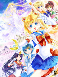 Rule 34 | 6+girls, :d, aino minako, arm up, artemis (sailor moon), bishoujo senshi sailor moon, bishoujo senshi sailor moon (first season), black hair, blonde hair, blue eyes, blue hair, blue sailor collar, blue skirt, bow, brooch, brown hair, castle, choker, crescent, crescent earrings, crescent facial mark, double bun, dress, dual persona, earrings, elbow gloves, facial mark, gloves, green eyes, hair bun, hair ornament, hairpin, half updo, hino rei, inner senshi, jewelry, kino makoto, long hair, luna (sailor moon), maboroshi no ginzuishou, magical girl, mizuno ami, moon stick, multiple girls, open mouth, orange skirt, own hands clasped, own hands together, pink bow, ponytail, princess serenity, purple eyes, red bow, red skirt, ribbon, sailor collar, sailor jupiter, sailor mars, sailor mercury, sailor moon, sailor venus, short hair, skirt, smile, tenma ako, tiara, tsukino usagi, twintails, v, white dress, white gloves