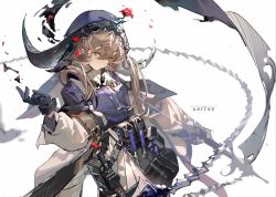 Rule 34 | 1girl, arknights, black gloves, blue headwear, blue shirt, brown hair, chain, character name, cow horns, dadijiji, flower, flower on head, gloves, green hair, hair between eyes, hand up, highres, holding, holding weapon, horns, jacket, long hair, looking at viewer, pallas (arknights), red flower, shirt, solo, upper body, weapon, white jacket, white sleeves
