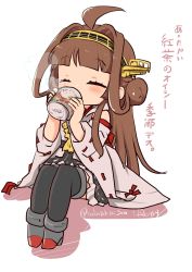 Rule 34 | 1girl, ahoge, artist name, boots, brown hair, brown skirt, closed eyes, commentary request, cup, detached sleeves, double bun, full body, hair bun, hairband, hakama, hakama short skirt, hakama skirt, headgear, highres, japanese clothes, kantai collection, kongou (kancolle), kongou kai ni (kancolle), long hair, lr hijikata, ribbon-trimmed sleeves, ribbon trim, simple background, sitting, skirt, solo, thigh boots, thighhighs, translation request, twitter username, white background, yunomi