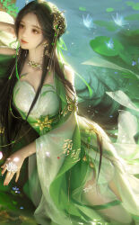Rule 34 | 1girl, absurdres, baiguio (zhu xian), bare shoulders, breasts, brown hair, bug, butterfly, closed mouth, crystal flower, earrings, facial mark, falling petals, forehead mark, glowing butterfly, hair ornament, highres, insect, jewelry, lily pad, long hair, lying, medium breasts, necklace, petals, realistic, sash, smile, solo, thighhighs, upper body, water, yao zheng zheng, zhu xian