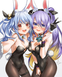 Rule 34 | 2girls, :d, animal ear fluff, animal ears, asymmetrical docking, black choker, black gloves, black hairband, black leotard, black ribbon, blonde hair, blue eyes, blue hair, blush, breast press, breasts, brown legwear, choker, cleavage, colored inner hair, commentary request, cowboy shot, detached collar, eyes visible through hair, fake animal ears, gloves, hair between eyes, hair ornament, hair ribbon, hairband, hand up, hands up, highres, hololive, hololive indonesia, kito koruta, leotard, long hair, looking at viewer, medium breasts, moona hoshinova, multicolored hair, multiple girls, open mouth, outstretched arm, pantyhose, playboy bunny, ponytail, purple eyes, rabbit ears, rabbit girl, rabbit hair ornament, rabbit tail, red eyes, ribbon, selfie, signature, simple background, smile, standing, strapless, strapless leotard, tail, thigh strap, twintails, usada pekora, usada pekora (1st costume), v, very long hair, virtual youtuber, white background, white hair, wrist cuffs