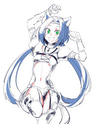 Rule 34 | 1girl, animal ears, blue hair, cat ears, cat tail, collar, commentary request, full body, green eyes, headband, ishiwari, long hair, looking at viewer, meracle chamlotte, navel, revealing clothes, solo, standing, standing on one leg, star ocean, star ocean the last hope, tail, twintails