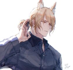Rule 34 | 1boy, alternate hairstyle, animal ear fluff, animal ears, arknights, arm up, black ribbon, black shirt, blonde hair, collared shirt, dated, hair ribbon, horse boy, horse ears, long sleeves, looking to the side, male focus, mlynar (arknights), oisyox72, orange eyes, parted lips, ribbon, shirt, short ponytail, signature, simple background, solo, swept bangs, upper body, white background