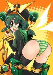 Rule 34 | 1girl, ass, battery, bent over, black thighhighs, blush, bowgun, breasts, ddn, ditienan ddn, fang, from behind, glasses, green eyes, green hair, green panties, green shirt, hat, holding, kamen rider, kamen rider kuuga, kamen rider kuuga (series), kamen rider kuuga pegasus form, large breasts, long sleeves, looking at viewer, looking back, open mouth, orange background, panties, pegasus bowgun, personification, rider-tan, shirt, short hair, short twintails, smile, socks, solo, striped clothes, striped panties, thighhighs, twintails, two-tone background, underwear, weapon, yellow background