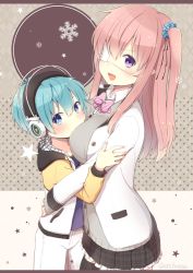 Rule 34 | 1boy, 1girl, age difference, black thighhighs, blue eyes, blue hair, breast press, breasts, child, eyepatch, headphones, hug, large breasts, looking at viewer, nei (os), one side up, onee-shota, original, os (os fresa), pink hair, pointy ears, purple eyes, side ponytail, skirt, smile, souta (os), thighhighs