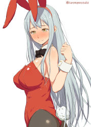 Rule 34 | 10s, 1girl, alternate costume, animal ears, blush, breasts, embarrassed, fake animal ears, from side, highres, kantai collection, kurowan, large breasts, leotard, long hair, off shoulder, pantyhose, playboy bunny, rabbit ears, shoukaku (kancolle), silver hair, solo, very long hair, yellow eyes