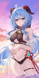 Rule 34 | 1girl, ahoge, alternate costume, bad id, bad twitter id, bare shoulders, bell, bikini, black bikini, blue hair, blush, breasts, chinese knot, closed mouth, cloud, cowbell, cowboy shot, detached collar, ganyu (genshin impact), genshin impact, glint, gluteal fold, goat horns, gradient eyes, highres, horns, kuroki (ma-na-tu), long hair, looking at viewer, low ponytail, medium breasts, multi-strapped bikini, multicolored eyes, navel, neck bell, off shoulder, outdoors, own hands together, purple eyes, rope, see-through, shimenawa, sidelocks, skindentation, sky, smile, solo, stomach, sunset, swimsuit, thigh strap, thighs, vision (genshin impact), water, wet, wet clothes, wet swimsuit