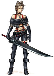 Rule 34 | 00s, 1girl, belt, black shorts, boots, choker, final fantasy, final fantasy x, final fantasy x-2, gloves, jewelry, midriff, necklace, nomura tetsuya, official art, paine, paine (ff10), red eyes, short hair, shorts, solo, sword, weapon