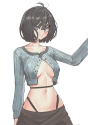 Rule 34 | 1girl, absurdres, arm up, black hair, breasts, breasts apart, cowboy shot, crop top, grey eyes, grey shirt, highres, long sleeves, looking at viewer, medium breasts, midriff, navel, no bra, original, partially unbuttoned, shirt, short hair, simple background, solo, tefduck, underboob, white background