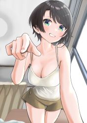 Rule 34 | 1girl, bare arms, blue eyes, blush, breasts, brown hair, cleavage, cowboy shot, from below, gradient eyes, grin, highres, hololive, indoors, large breasts, leaning forward, multicolored eyes, oozora subaru, pointing, pointing at viewer, pov, short hair, short shorts, shorts, smile, solo, spaghetti strap, swept bangs, taachika, tank top, teeth, thighs, virtual youtuber