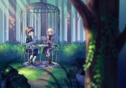 Rule 34 | 2girls, black capelet, blue eyes, blue hair, blurry, boots, broken, brown footwear, cage, cake, cake slice, capelet, commentary request, crt, cup, dappled sunlight, depth of field, doremy sweet, dress, feathered wings, food, forest, from side, fruit, gazebo, grass, hat, highres, holding, holding cup, holding plate, ivy, jacket, junk, kishin sagume, layered dress, legs together, light rays, looking at another, multiple girls, nature, nightcap, open clothes, open jacket, open mouth, outdoors, plate, pom pom (clothes), purple dress, red eyes, red headwear, rust, short hair, silver hair, single wing, sitting, stool, strawberry, strawberry shortcake, sunbeam, sunlight, table, teacup, television, touhou, touya (konpekitou), white footwear, white jacket, wings