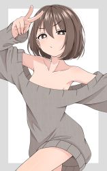 1girl absurdres bare_shoulders breasts brown_eyes brown_hair child collarbone expressionless female_focus highres ito_kashiwamochi original short_hair small_breasts solo sweater v