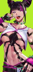 Rule 34 | 1girl, belt, black gloves, black hair, black pants, bracelet, breasts, candy, chinese clothes, collar, commentary, cowboy shot, diagonal bangs, dudou, eyeshadow, fingerless gloves, food, gloves, green background, green nails, hair horns, han juri, highres, holding, holding candy, holding food, holding lollipop, jewelry, large breasts, lollipop, looking at viewer, makeup, multicolored hair, nail polish, navel, open mouth, pants, purple eyes, purple eyeshadow, purple hair, sharp teeth, short hair, simple background, solo, spiked bracelet, spiked collar, spikes, standing, stomach, streaked hair, street fighter, street fighter iv (series), teeth, tenobe, tongue, tongue out, two-tone hair, underboob, upper teeth only, yin yang
