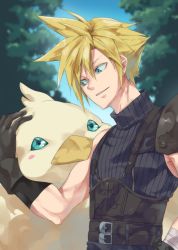 Rule 34 | 1boy, aqua eyes, armor, bandaged arm, bandages, belt, black gloves, blonde hair, blue shirt, blurry, blurry background, chocobo, cloud strife, final fantasy, final fantasy vii, final fantasy vii remake, gloves, hair between eyes, looking at another, male focus, multiple belts, nanashiro 1813, outdoors, parted lips, petting, shirt, short hair, shoulder armor, sleeveless, sleeveless turtleneck, smile, spiked hair, suspenders, toned, toned male, turtleneck