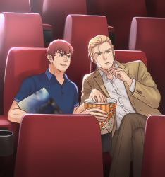 Rule 34 | 2boys, amuro ray, blonde hair, blue eyes, blue shirt, blurry, brown hair, brown pants, buttons, char&#039;s counterattack, char aznable, curly hair, eating, food, grin, gundam, gundam hathaway&#039;s flash, hair slicked back, highres, jacket, crossed legs, light rays, movie poster, movie theater, multiple boys, pants, parody, polo shirt, popcorn, rie asap, sharing food, shirt, smile, white shirt, yellow jacket