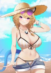 Rule 34 | 1girl, absurdres, animal ears, arknights, arm behind head, bare shoulders, bikini, blonde hair, blue sky, blush, bracelet, braid, breasts, cleavage, collarbone, commentary, cowboy shot, denim, denim shorts, eyewear on head, front-tie top, hat, highres, jewelry, karacak, large breasts, looking at viewer, navel, necklace, official alternate costume, open fly, outdoors, parted lips, purple eyes, shorts, side-tie bikini bottom, side braid, single braid, sky, smile, solo, standing, straw hat, string bikini, striped bikini, striped clothes, sunglasses, swimsuit, tail, utage (arknights), utage (summer flowers) (arknights), vertical-striped bikini, vertical-striped clothes