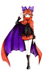 Rule 34 | 1girl, arikanrobo, black shirt, boots, bow, cape, cross-laced footwear, full body, hair bow, high collar, lace-up boots, long sleeves, looking at viewer, miniskirt, pleated skirt, purple bow, red eyes, red hair, red skirt, salute, sekibanki, shirt, short hair, skirt, solo, touhou