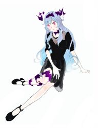 0oihs 1girl alternate_costume bad_id bad_twitter_id black_dress black_shoes blue_hair breasts chaos_aurora_(grimms_notes) closed_mouth dress full_body grimms_notes hairband long_hair purple_hairband red_eyes shoes short_sleeves simple_background sitting solo thorns white_background