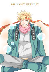 Rule 34 | 1boy, blonde hair, bubble, caesar anthonio zeppeli, dated, facial mark, feather hair ornament, feathers, fingerless gloves, gloves, green jacket, grin, feather hair ornament, happy birthday, headband, highres, indian style, jacket, jojo no kimyou na bouken, male focus, misoshiro, sitting, smile, solo