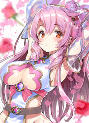 Rule 34 | 1girl, armpits, arms up, blush, breasts, cleavage, cleavage cutout, clothing cutout, detached sleeves, flower, hair flower, hair ornament, hayama eishi, large breasts, long hair, looking at viewer, original, pink hair, red eyes, sketch, solo, underboob, upper body