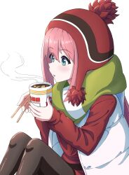 Rule 34 | 1girl, absurdres, beanie, blowing, blue eyes, blush, chopsticks, coat, commentary request, cup, food, green scarf, hair between eyes, hair ornament, highres, hinoaki, holding, holding chopsticks, holding cup, kagamihara nadeshiko, long hair, long sleeves, nissin cup noodle, pink hair, pom pom (clothes), pom pom beanie, red beanie, red sweater, scarf, solo, steam, sweater, white background, white coat, winter clothes, yurucamp