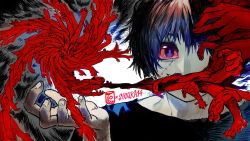Rule 34 | 1boy, 7bun junbun, black hair, bloodshot eyes, collaboration, commentary, covered mouth, disembodied hand, english commentary, highres, horror (theme), looking at viewer, one eye covered, original, purple eyes, scar, shinka14w, short hair, signature, upper body