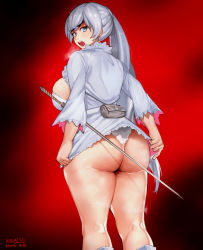Rule 34 | 1girl, artist name, ass, blue eyes, blush, breasts, highres, huge ass, keigi, large breasts, long hair, long sleeves, looking at viewer, looking back, open mouth, panties, ponytail, red background, rwby, solo, sweat, sword, thick thighs, thighs, thong, underwear, weapon, weiss schnee, white hair, white panties