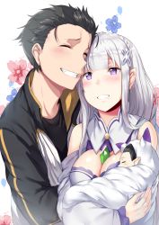 Rule 34 | 10s, 1boy, 1girl, ^ ^, ^o^, baby, bare shoulders, black hair, black shirt, blue pupils, blunt bangs, blush, breasts, cleavage, cleavage cutout, closed eyes, clothing cutout, detached sleeves, dress, emilia (re:zero), eyebrows, family, floral background, gem, green gemstone, grin, hair ornament, hairclip, height difference, hetero, hews, if they mated, jacket, long sleeves, medium breasts, natsuki subaru, open clothes, open jacket, parted lips, pointy ears, purple eyes, re:zero kara hajimeru isekai seikatsu, shirt, silver hair, sleeveless, sleeveless dress, smile, t-shirt, teeth, track jacket, upper body, white dress, wide sleeves