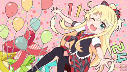 Rule 34 | 1girl, :3, ;d, ahoge, alternate costume, balloon, birthday, black thighhighs, black vest, blonde hair, blush, bow, box, collared shirt, commentary, dated, gift, green eyes, hair bow, happy, highres, himesaka noa, long hair, looking at viewer, loose necktie, necktie, one eye closed, open mouth, outline, outstretched arms, pink background, plaid, plaid bow, plaid necktie, plaid neckwear, plaid skirt, polka dot, polka dot background, puffy short sleeves, puffy sleeves, r245, red bow, red necktie, red skirt, shirt, short sleeves, signature, skirt, smile, solo, thick eyebrows, thighhighs, twitter username, very long hair, vest, watashi ni tenshi ga maiorita!, white outline, white shirt