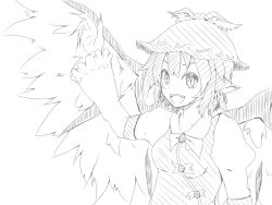 Rule 34 | 1girl, :d, abo-ne, animal ears, arm up, bow, claws, female focus, fingernails, greyscale, hat, highres, long sleeves, monochrome, mystia lorelei, open mouth, short hair, simple background, sketch, smile, solo, touhou, white background, white theme