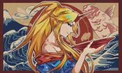 Rule 34 | 1girl, blonde hair, blue kimono, border, brown border, closed mouth, commentary request, cup, fine art parody, fingernails, from side, high ponytail, holding, holding cup, horns, hoshiguma yuugi, hoshiguma yuugi (kimono), japanese clothes, kimono, long hair, looking at viewer, looking to the side, nihonga, off shoulder, official alternate costume, outline, outside border, parody, parted bangs, profile, red eyes, red horns, sakazuki, sharp fingernails, sidelocks, single horn, smile, solo, star (symbol), suantian guo wei fushi shaokao, touhou, upper body, waves, yellow eyes