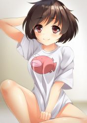 Rule 34 | 10s, 1girl, akiyama yukari, anglerfish, animal print, arm up, bad id, bad pixiv id, bare legs, blush, bottomless, closed mouth, covering privates, covering crotch, emblem, eyebrows, fish, fish print, girls und panzer, gradient background, hand on own head, looking at viewer, messy hair, naked shirt, neko neko koneko, print shirt, red eyes, shirt, shirt tug, short hair, short sleeves, smile, solo, t-shirt, two-tone background