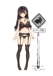 Rule 34 | 1girl, absurdres, black bra, black hair, black legwear, black panties, bra, breasts, cleavage, closed mouth, collarbone, commentary request, fishnet legwear, fishnets, full body, garter belt, garter straps, hair ornament, highres, lace, large breasts, lingerie, long hair, looking at viewer, navel, no shoes, original, panties, rabbit hair ornament, road sign, sign, simple background, solo, standing, tauyuki saema, thighs, underwear, underwear only, white background, yellow eyes