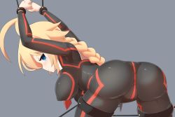 Rule 34 | 1girl, ahoge, ass, bent over, blazblue, blazblue: cross tag battle, blonde hair, blue eyes, blush, bodysuit, bound, bound wrists, braid, breasts, cameltoe, cosplay, es (xblaze), from behind, hanging breasts, highres, infraton, large breasts, leaning, leaning forward, long hair, looking at viewer, neon trim, shiny clothes, sideboob, single braid, solo, under night in-birth, vatista, vatista (cosplay), very long hair, xblaze