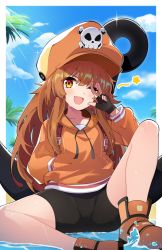Rule 34 | 1girl, absurdres, anchor, black gloves, black shorts, blue sky, blush, brown eyes, brown hair, cameltoe, collarbone, day, fang, fingerless gloves, gloves, guilty gear, guilty gear strive, hand in pocket, hat, highres, hood, hoodie, long hair, long sleeves, looking at viewer, may (guilty gear), one eye closed, open mouth, orange hat, orange hoodie, outdoors, shorts, sitting, skull and crossbones, sky, sleepy frippy, smile, solo, swept bangs, v, v over eye, water