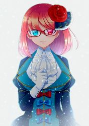 Rule 34 | 1girl, blue eyes, breasts, flower, frills, glasses, gloves, hair flower, hair ornament, heterochromia, highres, isaiah (pixiv fantasia age of starlight), large breasts, long sleeves, looking at viewer, medium hair, pixiv fantasia, pixiv fantasia age of starlight, puffy long sleeves, puffy sleeves, red-framed eyewear, red eyes, red hair, simple background, solo, standing, upper body, vivid bbdan, white background, white gloves