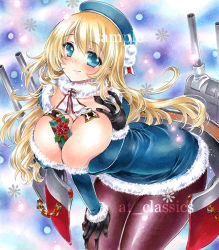 Rule 34 | 10s, 1girl, at classics, atago (kancolle), between breasts, black gloves, blonde hair, blue eyes, blush, box, breasts, cleavage, gift, gift box, gloves, hat, kantai collection, large breasts, long hair, pantyhose, sample watermark, smile, solo, watermark