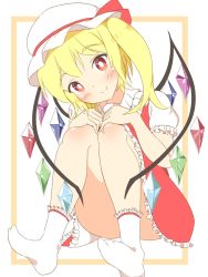 Rule 34 | 1girl, blonde hair, blush, bright pupils, convenient leg, flandre scarlet, hands on own knees, hat, hat ribbon, head tilt, highres, knees together feet apart, looking at viewer, mob cap, puffy sleeves, red eyes, ribbon, short sleeves, sitting, skirt, smile, socks, solo, touhou, ukigori, white pupils, white socks, wings