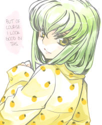 Rule 34 | 1girl, c.c., cheese-kun, code geass, creayus, green hair, hard-translated, pizza hut, smile, solo, third-party edit, translated, yellow eyes