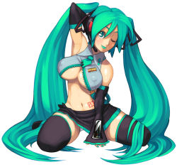 Rule 34 | 1girl, adjusting hair, arm support, arm up, armpits, black thighhighs, breasts, covered erect nipples, detached sleeves, green eyes, green hair, hatsune miku, headphones, kneeling, large breasts, legs, lipstick, long hair, makeup, maruta kentarou, matching hair/eyes, microphone, midriff, miniskirt, navel, one eye closed, skirt, solo, spread legs, tattoo, thighhighs, thighs, twintails, underboob, unzipped, very long hair, vocaloid, wink, zettai ryouiki