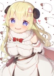 Rule 34 | 1girl, :d, animal ears, arms behind back, bare shoulders, blonde hair, blush, breasts, curled horns, dress, fur-trimmed dress, fur trim, hair ornament, hairclip, heart, highres, hololive, horns, leaning forward, long hair, looking at viewer, medium breasts, muku (muku-coffee), open mouth, purple eyes, sheep ears, sheep horns, simple background, smile, solo, tsunomaki watame, tsunomaki watame (1st costume), very long hair, virtual youtuber, white background, white dress