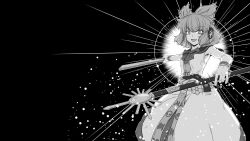 Rule 34 | 1girl, black background, bow, bowtie, commentary request, cowboy shot, earmuffs, greyscale, highres, holding, holding sword, holding weapon, monochrome, open mouth, pointy hair, ritual baton, scabbard, sheath, sheathed, short hair, sleeveless, solo, sunatoshi, sword, touhou, toyosatomimi no miko, weapon