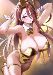 Rule 34 | animal ears, breasts, cleavage, commentary request, detached collar, fake animal ears, gold bowtie, gold leotard, high heels, highres, large breasts, leotard, long hair, long hair between eyes, looking at viewer, nylon (nylon 100), original, parted lips, playboy bunny, purple eyes, rabbit ears, red hair, simple background, smile, strapless, strapless leotard, strappy heels, thigh strap, very long hair